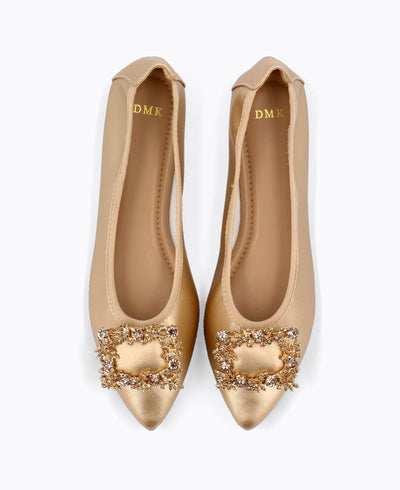 Mavis Jewel Flat Pumps - Gold